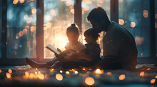 a man and two children reading a book