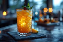 a glass of orange liquid with ice and mint on a table