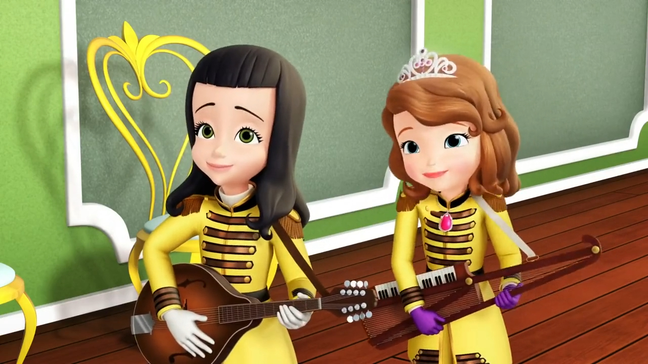 cartoon girls in uniform playing musical instruments