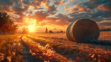 a field with hay bales and sunset