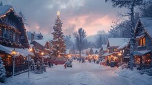 a snowy town with a tree and people