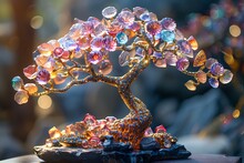 a tree with colorful stones