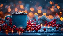 a cup of hot chocolate with red beads and lights