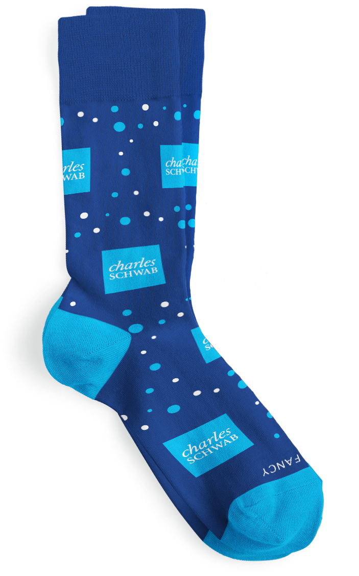a blue sock with white dots and white text on it