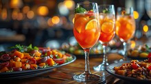 a group of glasses of drinks on a table