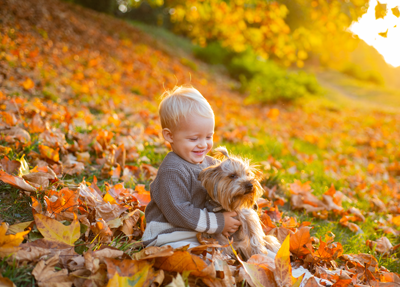 a child sitting in leaves with a dog