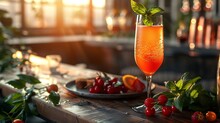 a glass of orange liquid with a plate of fruit on a table