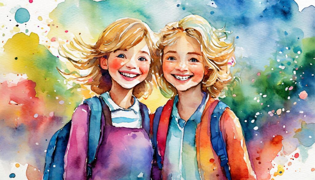 a watercolor of two girls smiling