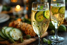 a glass of champagne with cucumbers and a slice of cucumber