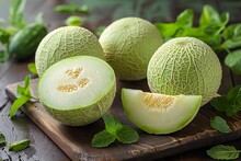 a group of melons on a wooden surface