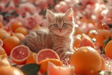 a kitten sitting in a pile of fruit