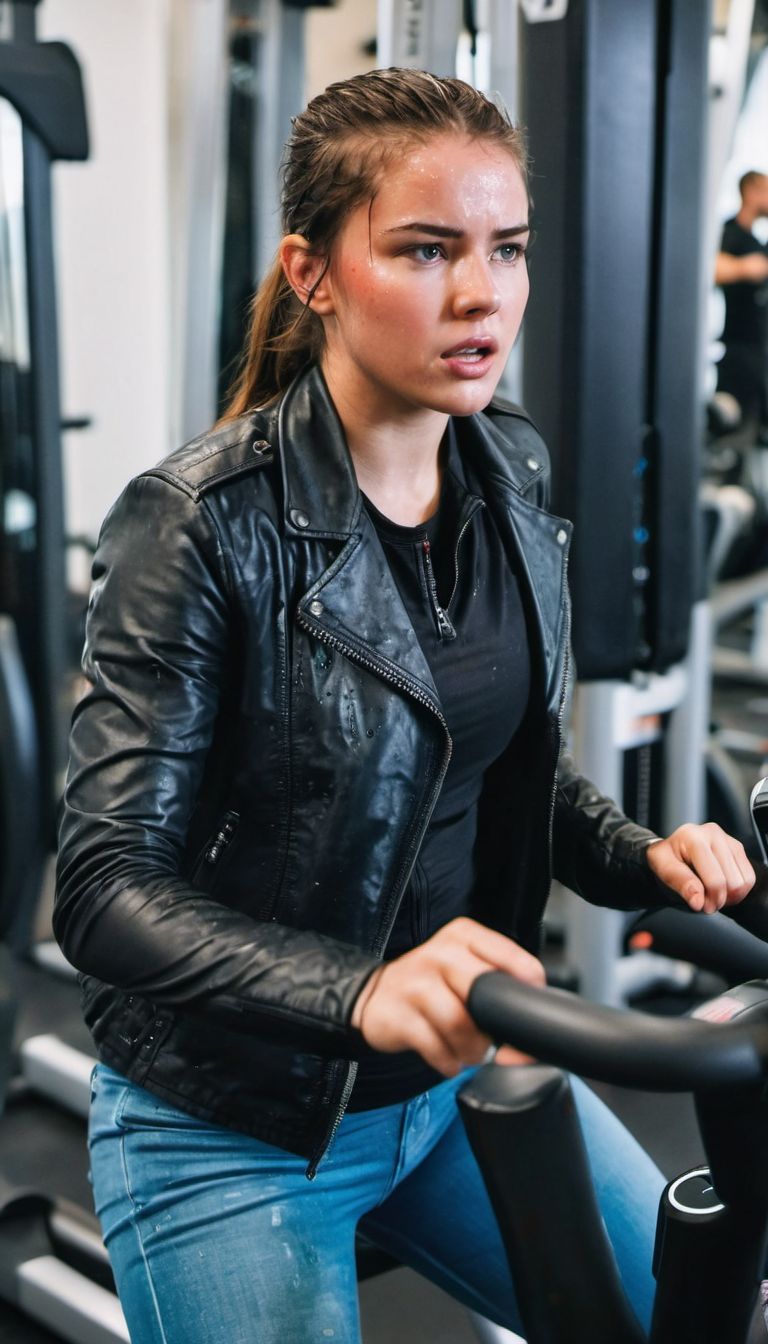 a woman in a leather jacket on a stationary bike
