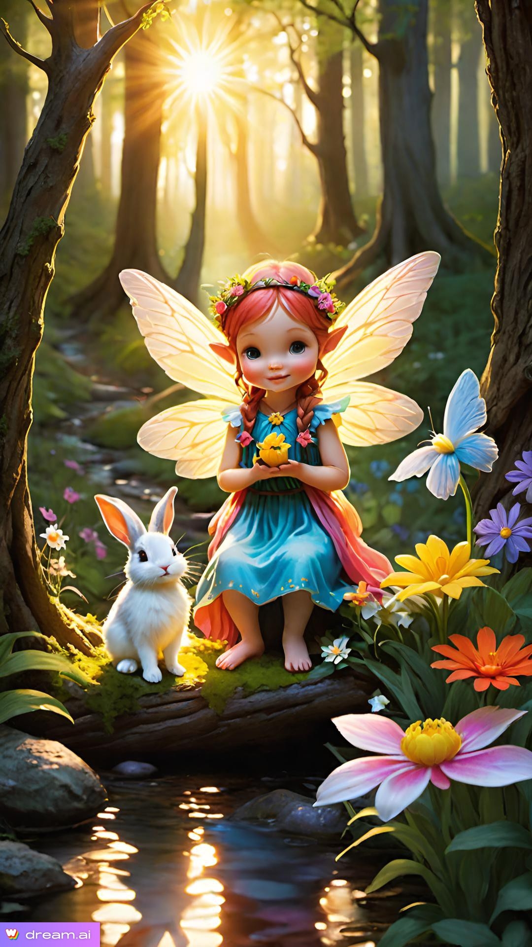 a cartoon of a fairy sitting on a tree branch with a bunny