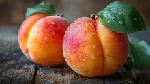 a group of peaches on a wood surface