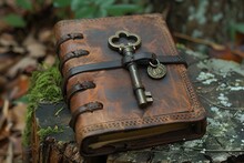 a leather book with a key on it