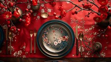 a plate with a floral design on it and silverware on a red tablecloth