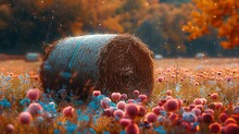 a round bale of hay in a field of flowers