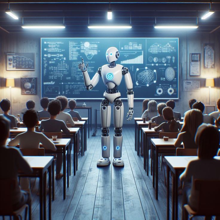 a robot standing in a classroom with kids