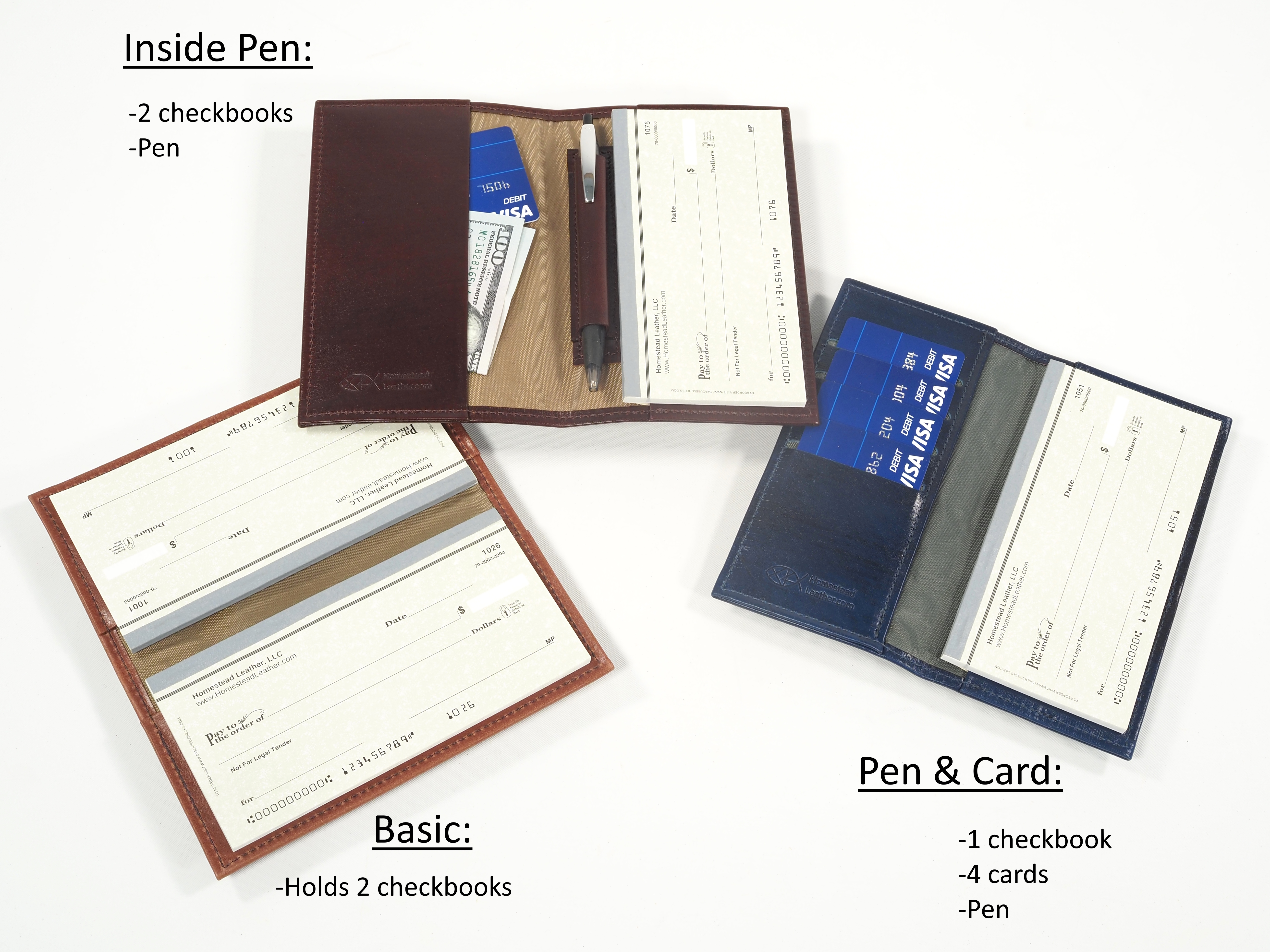 several checkbook covers with pen and cards