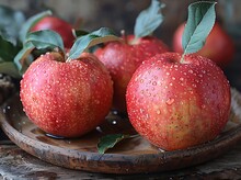 a group of apples on a wooden plate