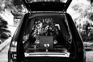 a casket in a hearse or chapel