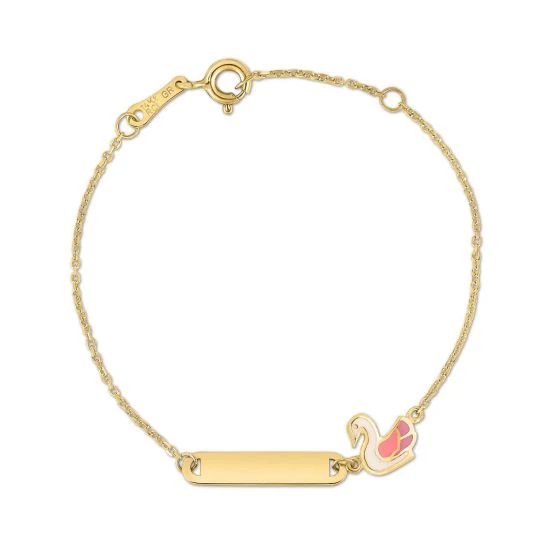 a gold bracelet with a swan and a gold bar