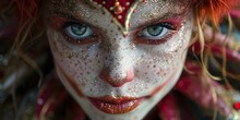 a close up of a woman with red and gold makeup