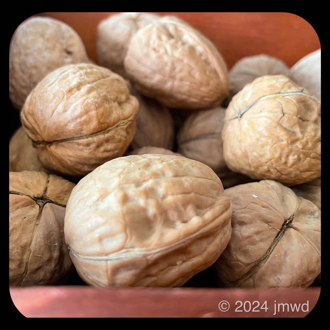 a group of walnuts in a bowl