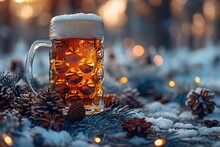 a glass of beer with foam on top of a pine tree