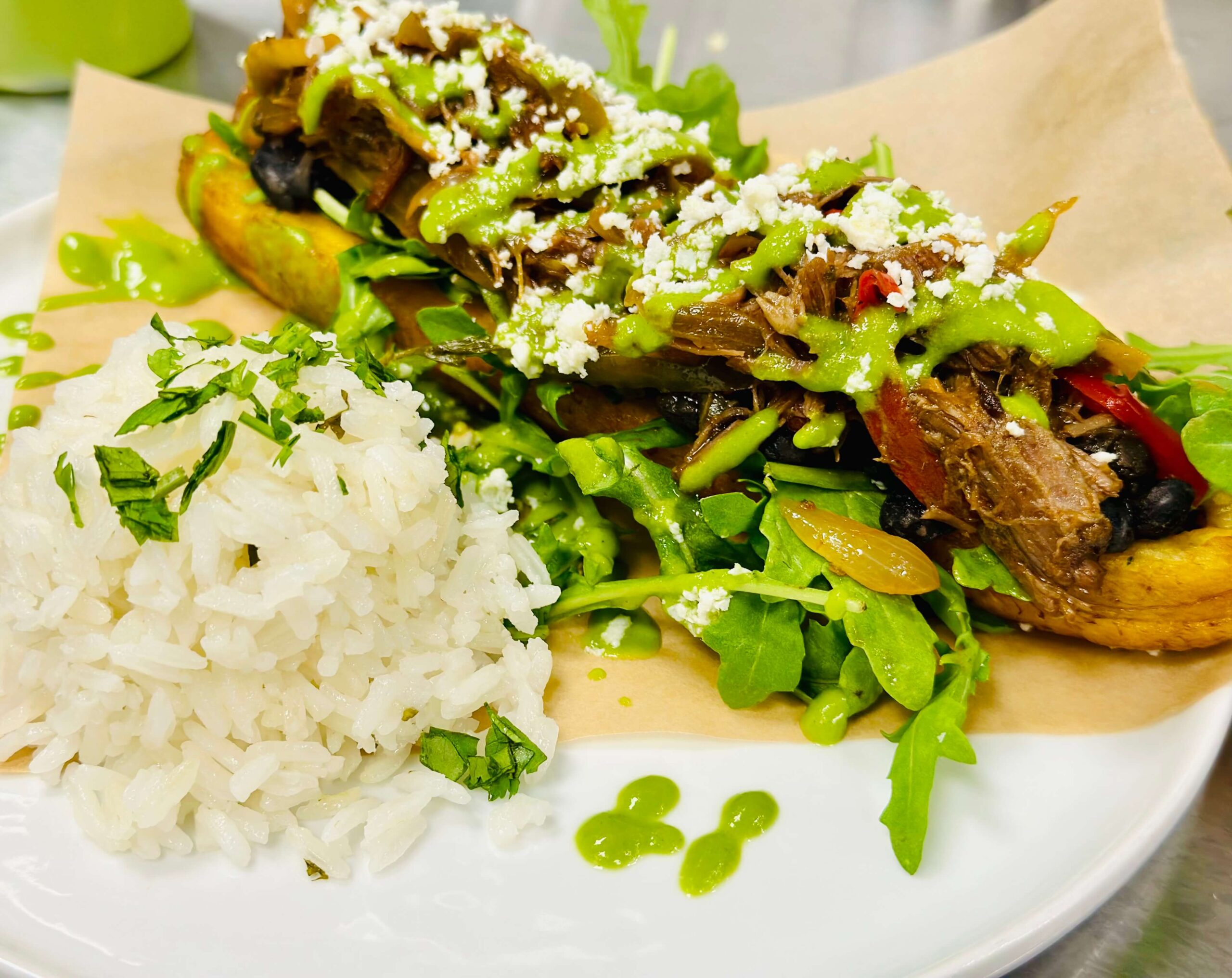 a plate of food with rice and meat