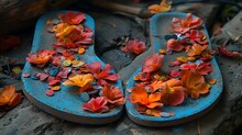 a pair of blue sandals with flowers on them