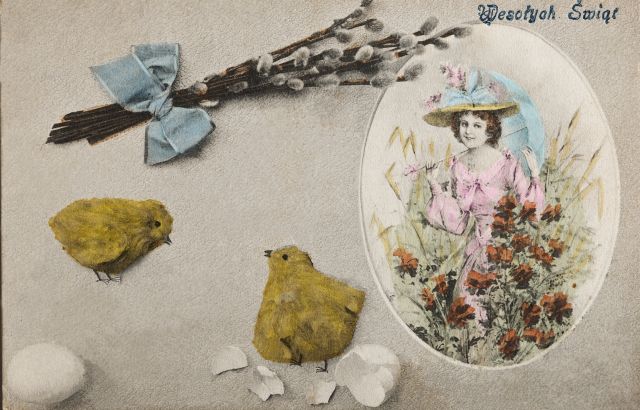 a postcard with a picture of a girl and eggs