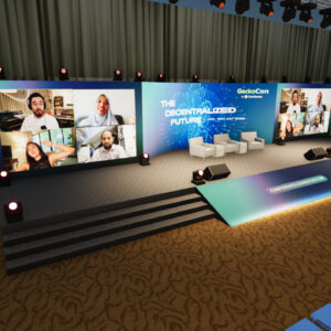 a stage with a screen and a video conference screen