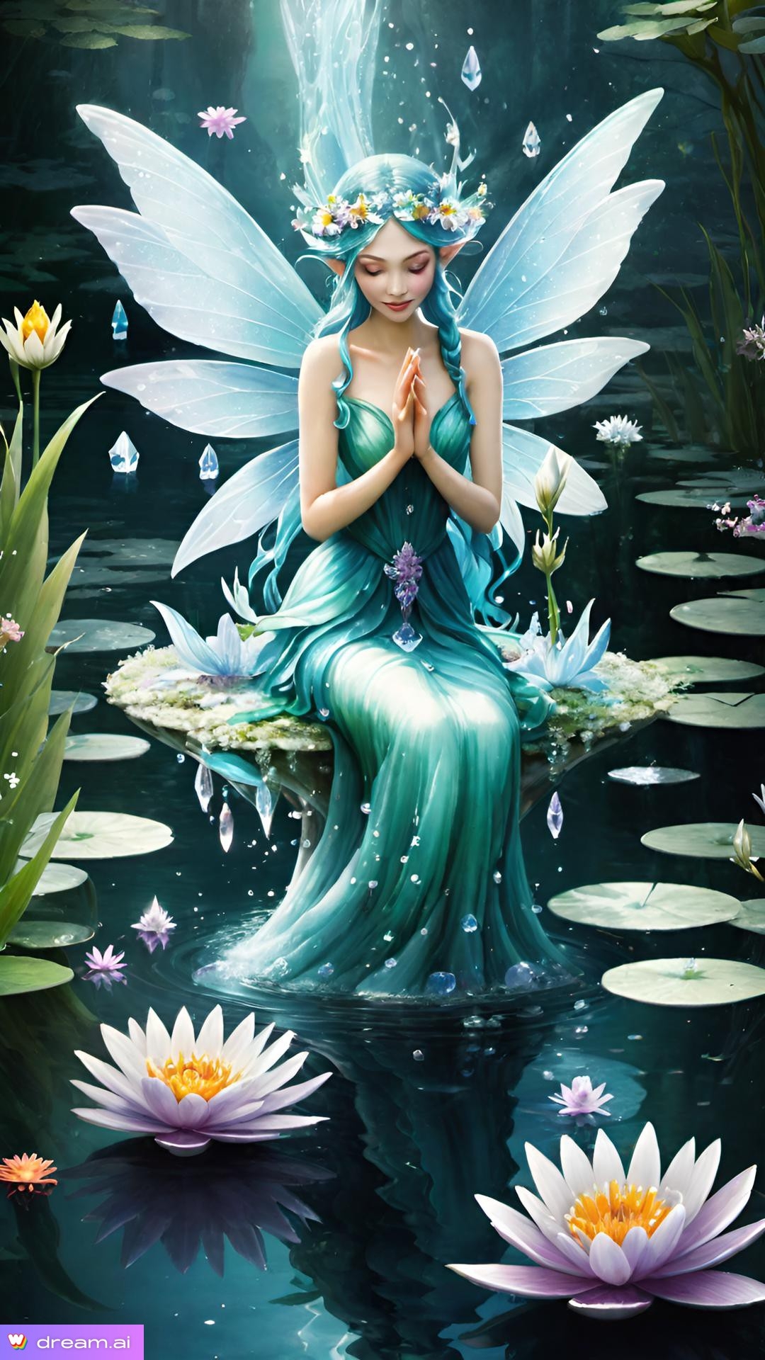 a painting of a fairy sitting on a floating island in water