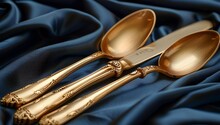 a gold spoon and knife on a blue cloth