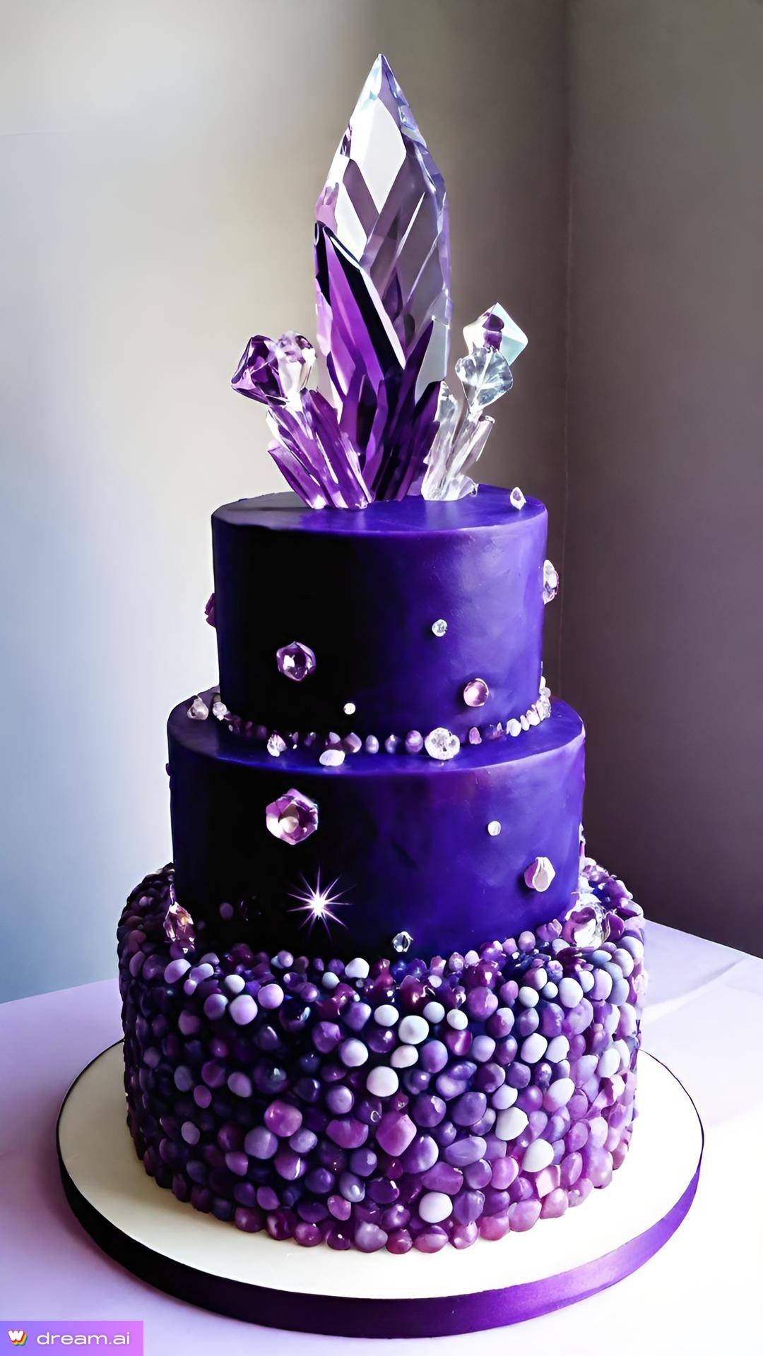 a purple cake with crystals on top