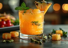 a glass of orange drink with ice and pineapple slices