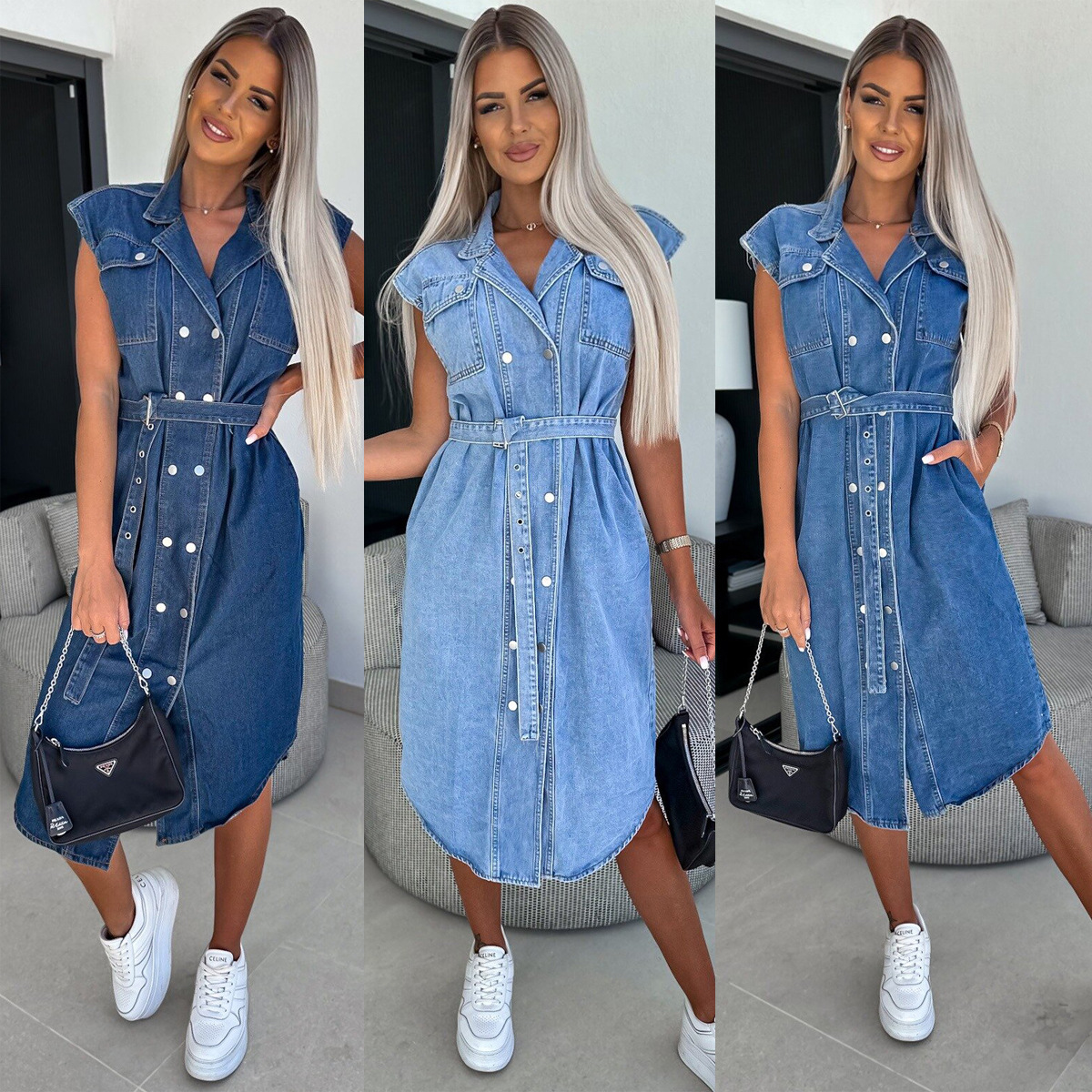 a collage of a woman wearing a denim dress