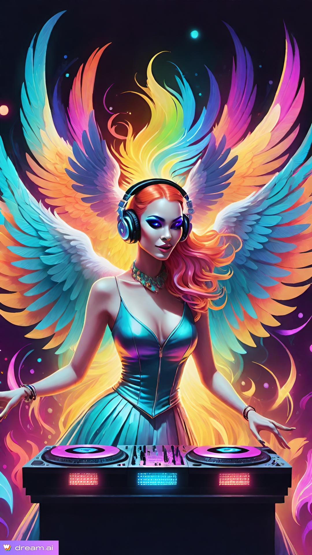 a woman wearing headphones and wings