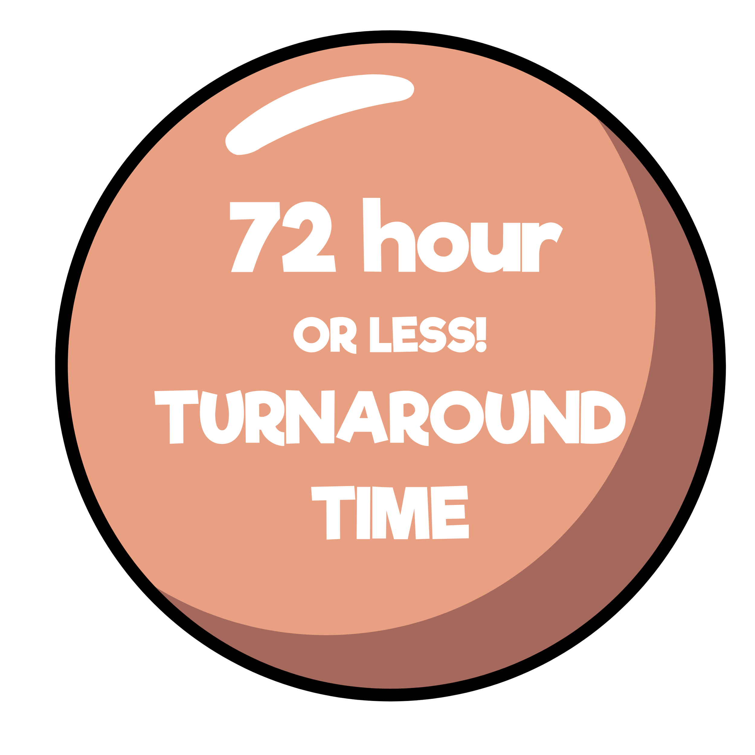 a round pink button with white text