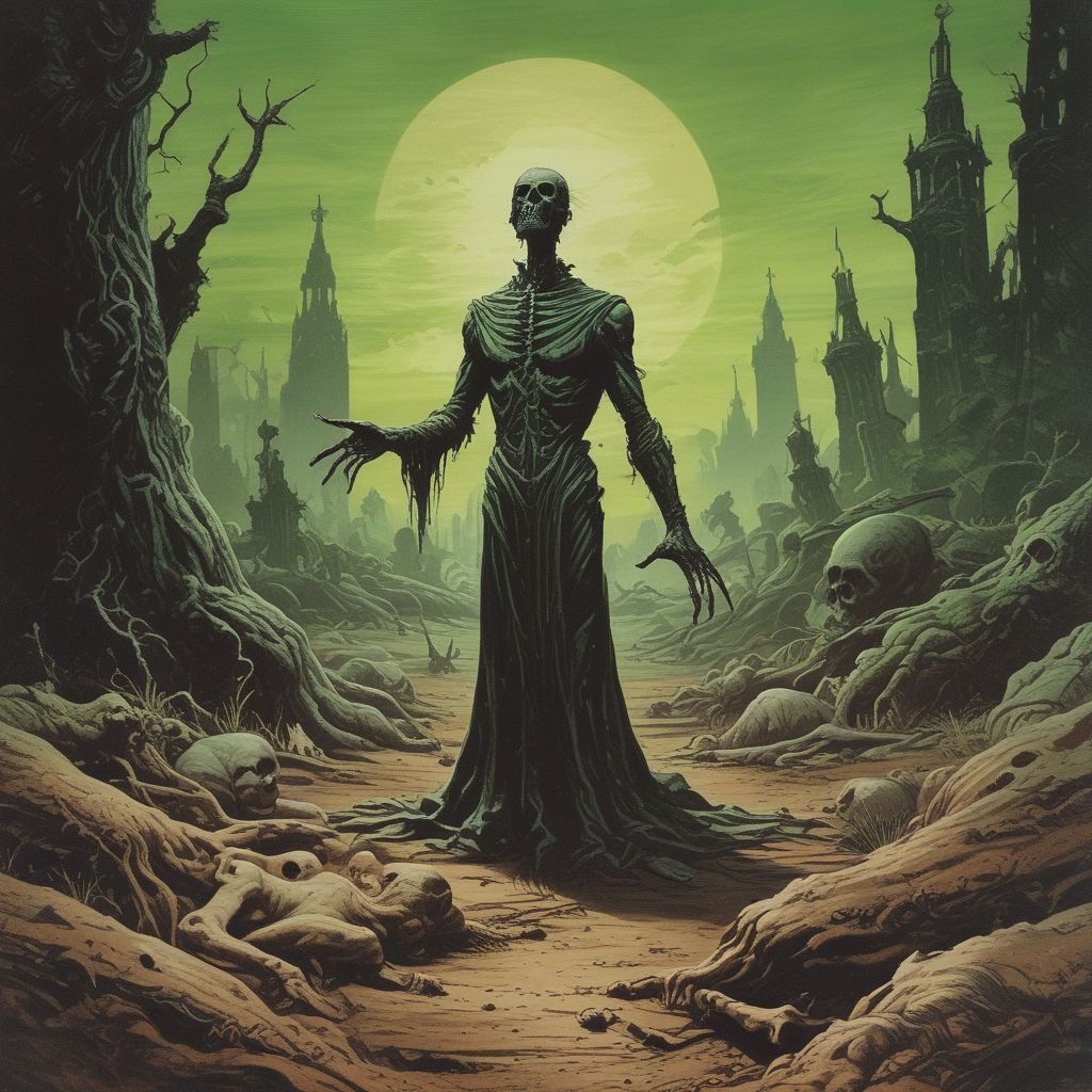 a skeleton in a black robe standing in a forest with skulls and a moon