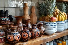 a group of vases and fruits on a shelf