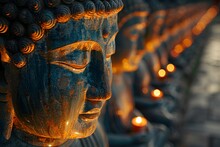 a row of statues with candles