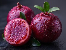 a group of fruit with water drops on it