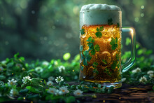 a glass mug of beer with clover leaves on top