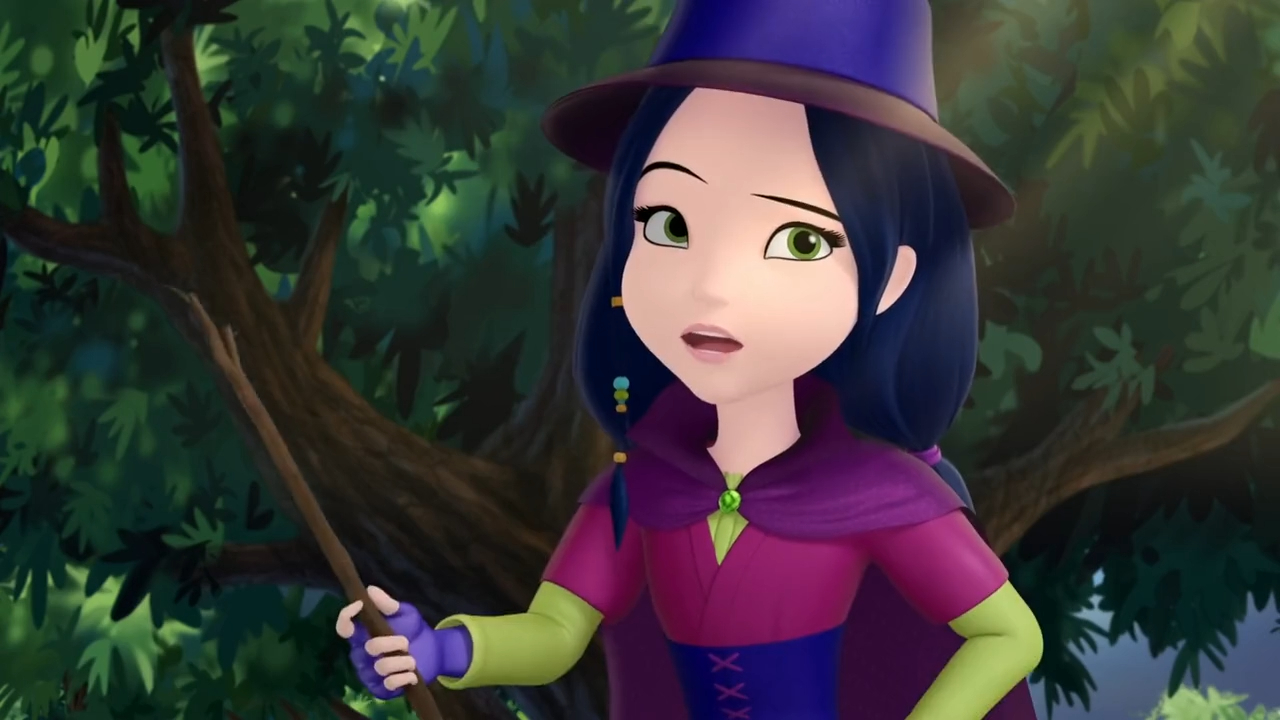 cartoon character in purple and green outfit holding a staff