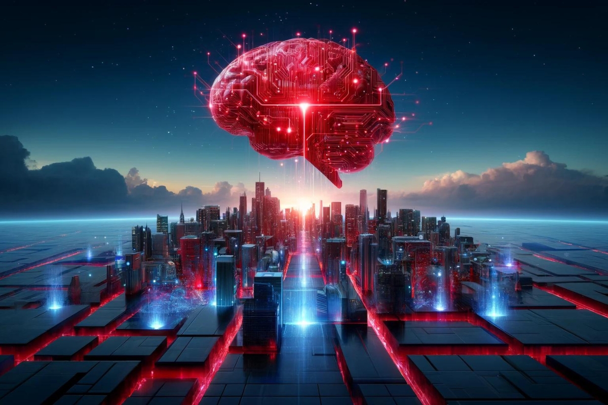 a red brain above a city
