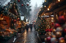 people walking down a street with christmas decorations