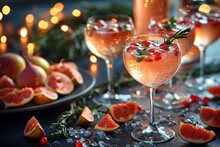 a group of glasses with a drink and fruit on a table