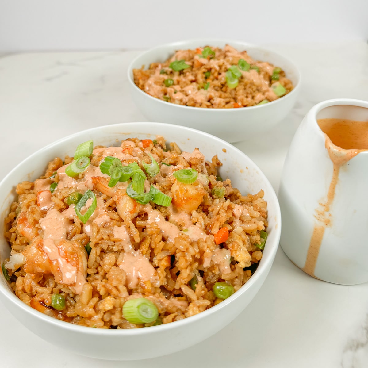 a bowl of rice with shrimp and green onions